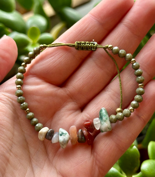 Adjustable Bracelet Irregular Natural Stone- Moss Agate