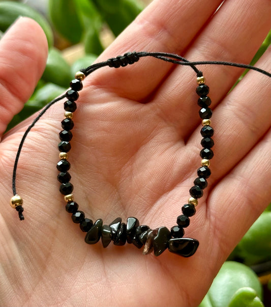 Adjustable Bracelet Irregular Natural Stone- Black Obsidian